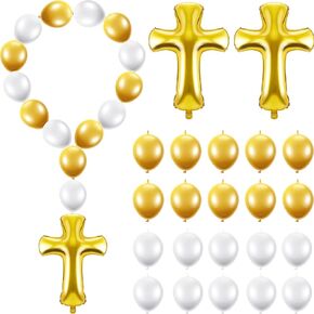 Deekin 102 Pieces 12 Inch Latex Link Balloons and 34 Inch Gold Cross Balloon Needle Tail Quick Connect Jumbo Baptism Foil Party for First Communion Baby Shower Decoration
