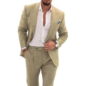 Mens Beige Linen Suit for Beach Slim Fit 2 Piece Wedding Tuxedo for Men Casual Linen Suit Prom Party Suit 40/34