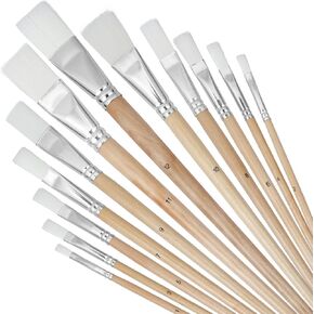 Artkey Flat Tips Paint Brushes Set, 12-Pack Professional Nylon Hair Paint Brushes Long Birchwood Handle Paint Brush for Acrylic Oil Watercolor Gouache Tempera Canvas Face Nail Art Painting Supplies