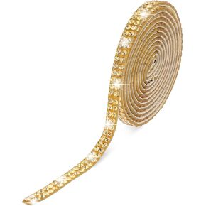 Self Adhesive Rhinestone Strips Bling Crystal Rhinestone Ribbon Glitter Diamond Roll Stickers Trim Rhinestones for DIY Crafts Fabric Car Shoes Mobile Phone Décor(2 Rows of 3 Yards, Gold)
