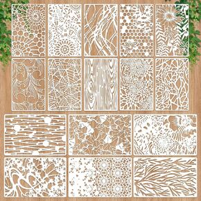 16 PCS Stencils for Painting Mixed Stencils for Crafts Reusable, 11''×7'' Wood Grains Flower Spray Paint Stencil Texture Templates Spider Web, Layering Stencil Templates for DIY Scrapbook