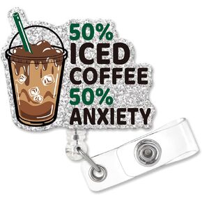 50% ICED Coffee Funny Shaped Badge Reel Holder with Metal Shark Clip, Office Hospital Lab Work ID Tag, Badge Gift for Nurse, Gift for Psychiatrist, Emergency Doctor Coffee Lovers PA