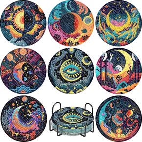 Clendo Sun and Moon Diamond Painting Coasters Kits for Adults, 8PCS Diamond Art Coaster Kits with Holder, Small Diamond Painting Kits for Adults-Art Craft Supplies