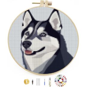 Siberian Huskies Dog Stamped Cross Stitch Kits for Beginners with Hoop Simple Patterns 11CT Counted Embroidery Needlepoint Crafts Arts for DIY Enthusiasts and Home Decor 26x26cm