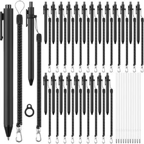 Tatuo 20 Set Pen Leash Anti Lost Lanyard Set Include Black Ballpoint Pen Safety Clip on Coil Lanyard Extend to 55 Inch Protective Soft Silicone Ring Refill Bulk for Classroom Office Supplies Outdoor