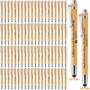 Jetec 100 Pcs Inspirational Bible Verse Bamboo Pen Wooden Retractable Ballpoint Pen with Stylus for Women Men Teacher Coworker Graduation School Office Supplies Journal Writing Gifts(Religious)