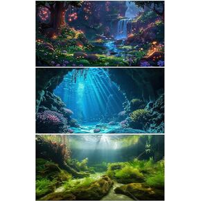 Aquarium Background 3 Pack Underwater Fish Tank Background Sunlight Rays Deep Sea Terrarium Background Fantasy Forest Mashroom Waterfall Aquarium Fish Tank Background 36x18in