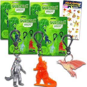 Godzilla Blind Bags Party Favors 4 Pack - Bundle with 4 Godzilla Keychain Mystery Figures Plus Stickers | Godzilla Bag Clips for Kids, Adults