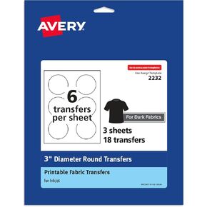 Avery Dark Transfer Paper for T-Shirts, 3" Diameter Pre Die-Cut Iron-On Circle Transfers, Print-to-the-Edge, 3 Sheets of Heat Transfer Paper, 18 Total (02232)
