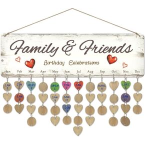 arricraft 1 Pc Wooden Family and Friends Birthday Reminder Calendar Plaque, Red Hearts Celebrations Calendar Wall Hanging with 100 Tags Christmas Gifts for Father Mother 4.7x15.7inch(12x40cm)