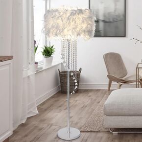 Feather Floor Lamp, Modern Standing Lamp with Crystal Tassel, Bedroom Bedside Floor Lamp in White