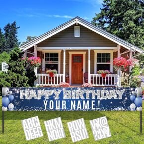 Custom Happy Birthday Yard Sign with DIY Letter Stickers Personalized Birthday Banner Jumbo Blue Customized Birthday Banner Front Yard Lawn Outdoor Indoor Decorations Background for Women Men