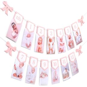 Pink Bow Monthly Milestones Photo Banner - Baby Girls Newborn to 12 Months Photo Display, 1st Birthday Photo Banner for Baby Girls, Bow 1st Birthday Decorations