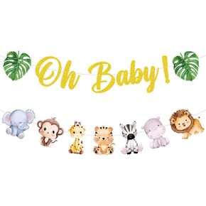Gold Green Oh Baby Banner Jungle Animals Forest Wild Safari Themed Sign Bunting Hanging Paper Welcome Boys Girls Shower Party Decorations Supplies