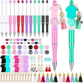 12 Pcs Nurse Beadable Pens with 50 Pcs Plastic Colorful Beads 12 Tassels 12 Pendants Assorted Colors Bead Pens for DIY Making Kit for Pens Beaded Pens for Office School Kids Students