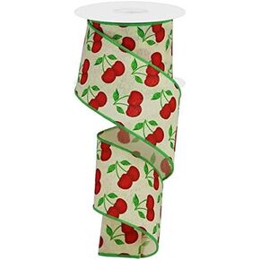 Cherry Print Wired Edge Ribbon for Bows, Wreaths, Gift Wrap, Crafts, and Decorations (1.5" Wide x 10 Yards - Light Natural Brown, Red, Green)