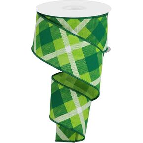 Expressions Plaid Canvas Wired Edge Ribbon, 10 Yards (Lime Green, Green, White, 2.5") RG01683JM