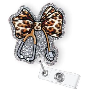 Funny Stethoscope Leopard Bow Badge Reel Retractable for Nurse Nursing RN CNA LPN & Medical Assistant | Glitter Coquette Bow ID Name Badge Holder with Alligator Clip & 24" Durable Nylon Cord | Acrylic