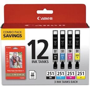 Canon CLI-251 BK/C/M/Y 12 Color Combo Pack Compatible to MG7520, MG5620, MG6620