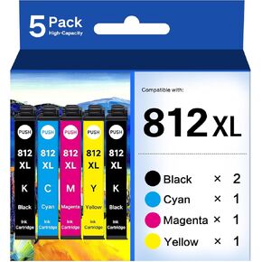 812XL Ink Cartridges Remanufactured for Epson 812XL Ink Cartridges Combo Pack for Epson 812 812XL T812XL High Capacity for Epson WF-7820 WF-7840 WF-7310 EC-C7000 Ink Cartridges(5 Pack)