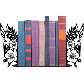 ENCIMART Bird Metal Bookends for Shelves Cute Flower Book Ends for Heavy Books Bookshelf Decorative Objects Office Home Desk Bookshelf Decor Book Lover Hummingbird Gifts for Women (Black)