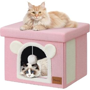 Cat House Cat Beds for Indoor Cats Large Foldable Multifunction Cat Cave for Pet with Hover Ball and Scratching Board(Dark Grey, Large Cat House)