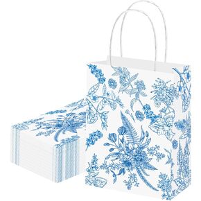 Corbekel 50 Pcs Sage Green Gift Bags with Handles, Green Paper Bags Bulk for Tea Party, Birthday & Wedding, 8.7"x6.3"x3.2" Chinoiserie Floral Green Goodie Bags for Bridal Shower