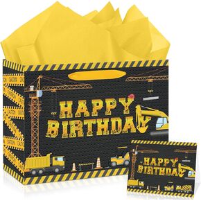 Construction Birthday Gift Bag for Boys Vehicle Truck Gift Bag for Kids with Tissue Paper and Card Happy Birthday Wrapping Paper Bag for Baby Boy 1st Birthday Christmas Gifts Baby Shower Party Favor