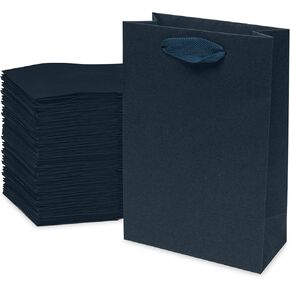 Prime Line Packaging Navy Blue Gift Bags with Ribbon Handles, Mini Kraft Paper for Shopping, Business, Retail, Card Box, Favors, Bulk, 6x3x9 50 Pack