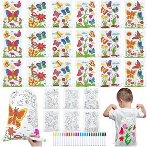 24 Pcs Color Your Own Butterfly Drawstring Bags Crafts for Kids Coloring Goodie Bags with Markers Non Woven Backpack DIY Crafts Classroom Butterfly Birthday Party Supplies Favor