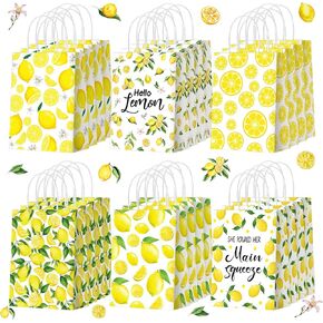 Yeaqee 24 Pcs Lemon Gift Bags with Handle Yellow Gift Bags Summer Fruit Candy Treat Goodie Bags Gift Wrapping Fresh Lemon Paper Bags for Summer Wedding Birthday Party Supplies
