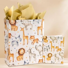 Yarcony 13" Safari Large Gift Bags with Tissue Paper - Luxury Metallic Foil Zoo Animal Birthday Favors Party Animal Theme Paper Present Bag w/Handle for Baby Shower Baby Birthday Jungle Party