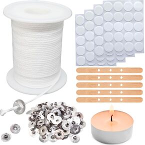 【200 Feet】Candle Wick Roll with 125 Pcs Metal Candle Wick Sustainer Tabs, 80Pcs Candle Wick Stickers and 5Pcs Wooden Candle Wick Centering Device, 61m Natural Cotton Candle Wicks for Candle Making Kit