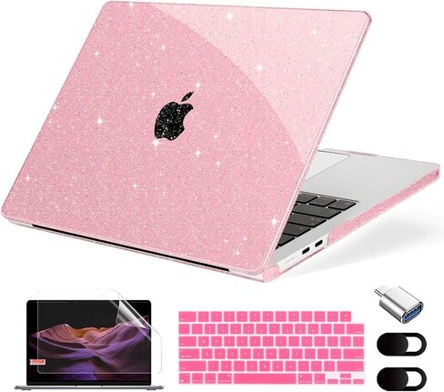 Compatible with MacBook Air 13.6 inch Case, M4 A3240/M3 A3113/M2 A2681 (Released 2025 to 2022), Hard Shell, Keyboard Cover, Screen Protector, Webcam Cover & Type-C Adapter, Sparkly Pink in Saudi Arabia