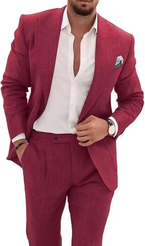 Mens Beige Linen Suit for Beach Slim Fit 2 Piece Wedding Tuxedo for Men Casual Linen Suit Prom Party Suit 40/34 in Saudi Arabia