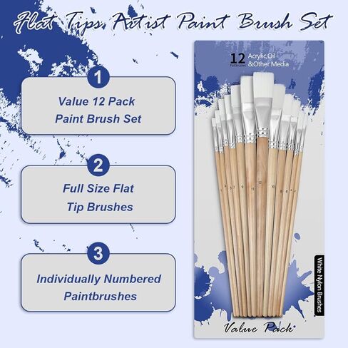 Artkey Flat Tips Paint Brushes Set, 12-Pack Professional Nylon Hair Paint Brushes Long Birchwood Handle Paint Brush for Acrylic Oil Watercolor Gouache Tempera Canvas Face Nail Art Painting Supplies in Saudi Arabia