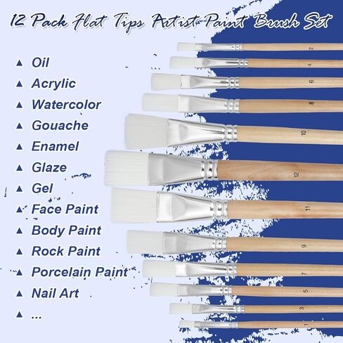 Artkey Flat Tips Paint Brushes Set, 12-Pack Professional Nylon Hair Paint Brushes Long Birchwood Handle Paint Brush for Acrylic Oil Watercolor Gouache Tempera Canvas Face Nail Art Painting Supplies in Saudi Arabia