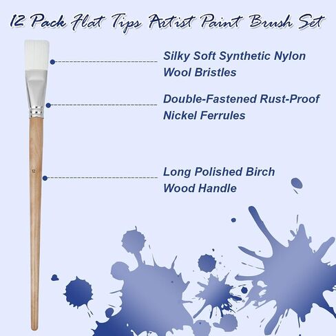 Artkey Flat Tips Paint Brushes Set, 12-Pack Professional Nylon Hair Paint Brushes Long Birchwood Handle Paint Brush for Acrylic Oil Watercolor Gouache Tempera Canvas Face Nail Art Painting Supplies in Saudi Arabia