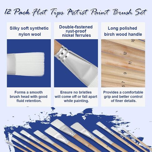 Artkey Flat Tips Paint Brushes Set, 12-Pack Professional Nylon Hair Paint Brushes Long Birchwood Handle Paint Brush for Acrylic Oil Watercolor Gouache Tempera Canvas Face Nail Art Painting Supplies in Saudi Arabia