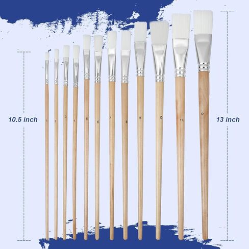 Artkey Flat Tips Paint Brushes Set, 12-Pack Professional Nylon Hair Paint Brushes Long Birchwood Handle Paint Brush for Acrylic Oil Watercolor Gouache Tempera Canvas Face Nail Art Painting Supplies in Saudi Arabia