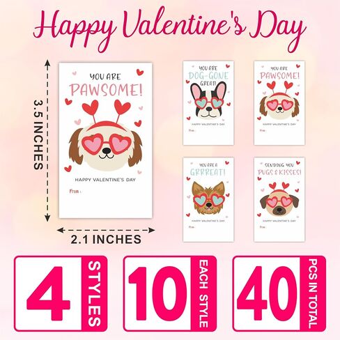 40 Pcs Valentine's Day Dog Theme Stickers - 3.5 x 2.1 Inches Waterproof Friends Sticker Label Sheet for Boys Girls - 4 Different Design Valentines Gifts Cards Envelopes Sticker Tags - A06 in Kuwait