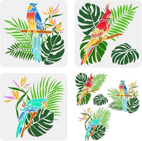 FINGERINSPIRE 3 Pcs Parrot Stencil 11.8x11.8 inch Animal Wildlife Macaw Bird Stencil Template Plastic Parrot Palm Leaf Flowers Pattern Painting Stencil Reusable Stencil for Wall Furniture Home Decor in Saudi Arabia
