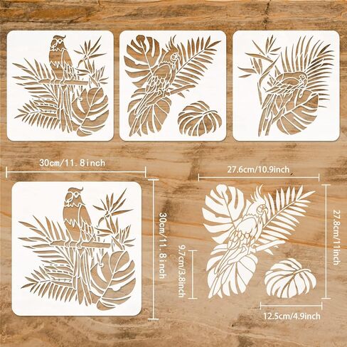 FINGERINSPIRE 3 Pcs Parrot Stencil 11.8x11.8 inch Animal Wildlife Macaw Bird Stencil Template Plastic Parrot Palm Leaf Flowers Pattern Painting Stencil Reusable Stencil for Wall Furniture Home Decor in Saudi Arabia