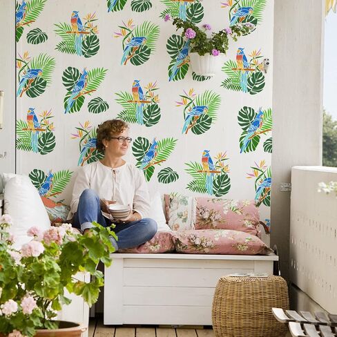 FINGERINSPIRE 3 Pcs Parrot Stencil 11.8x11.8 inch Animal Wildlife Macaw Bird Stencil Template Plastic Parrot Palm Leaf Flowers Pattern Painting Stencil Reusable Stencil for Wall Furniture Home Decor in Saudi Arabia