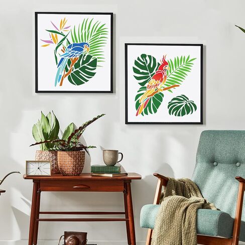 FINGERINSPIRE 3 Pcs Parrot Stencil 11.8x11.8 inch Animal Wildlife Macaw Bird Stencil Template Plastic Parrot Palm Leaf Flowers Pattern Painting Stencil Reusable Stencil for Wall Furniture Home Decor in Saudi Arabia