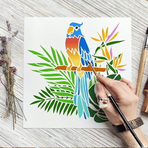 FINGERINSPIRE 3 Pcs Parrot Stencil 11.8x11.8 inch Animal Wildlife Macaw Bird Stencil Template Plastic Parrot Palm Leaf Flowers Pattern Painting Stencil Reusable Stencil for Wall Furniture Home Decor in Saudi Arabia