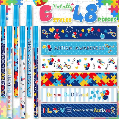 Geyee Autism Awarness Awarness Pens Bulk Contull Puzzle Pans مع كلمات ملهمة هدية Asperger التوعية للأحداث ، ومجموعات الدعم ، وجمع التبرعات ، واللوازم المدرسية Boy Girls Teens (48 Pack) in Kuwait