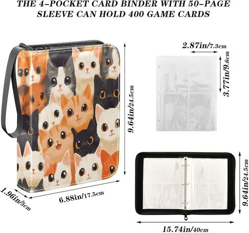 Cute Cats Card Binder 4-Pocket, 400 Pockets PU Waterproof Zippered Collector Card Album with 50 Removable Sleeves for Trading, Game Cards in Saudi Arabia