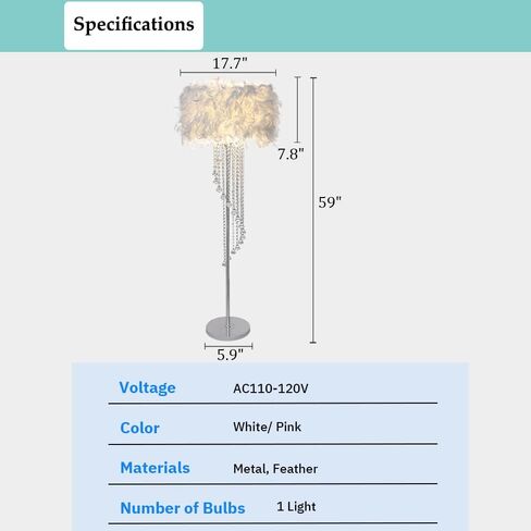 Feather Floor Lamp, Modern Standing Lamp with Crystal Tassel, Bedroom Bedside Floor Lamp in White in Saudi Arabia