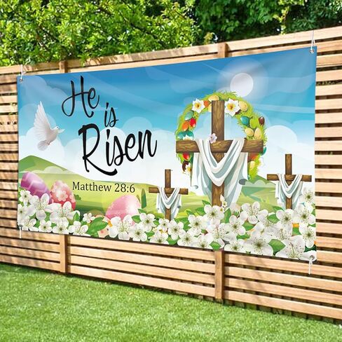 He is Risen Background Banner 78 x 43 Inch Large Size Happy Easter Banner Blue Background Banners Easter Day Party Decorations Supplies for Spring Party Decorations Celebration in Kuwait